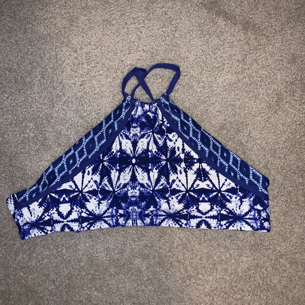 Blue Patterned High Neck Bikini Top